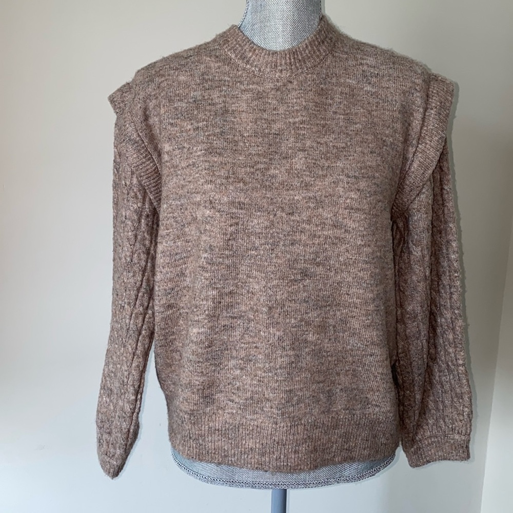 Romantic Crew Neck Cable Knit Sleeve Soft & Cozy Pullover Sweater Beige Small